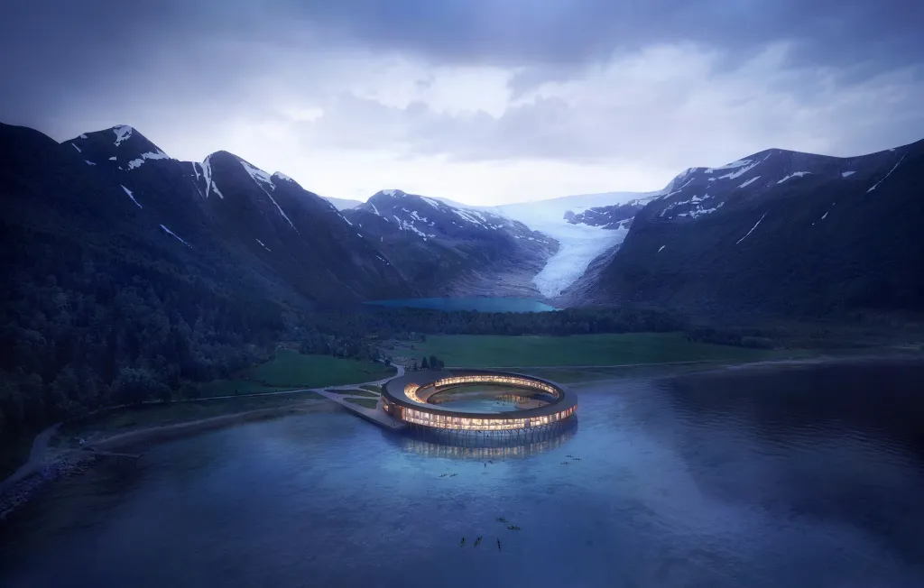 Hotel na úpatí ledovce Svartisen v Norsku