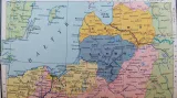 Pobaltí mezi válkami (žlutě Německo, růžově Polsko, modře Litva, zeleně SSSR)