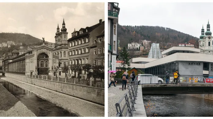 Litinová Vřídelní kolonáda v pseudorenesančním stylu od vídeňských architektů F. Fellnera a H. Helmera z roku 1878 (vlevo) a železobetonová Vřídelní kolonáda v brutalistickém slohu od architekta J. Otruby z roku 1975 (vpravo)