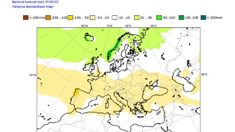 Srážky na jaře - předpověď pro Evropu