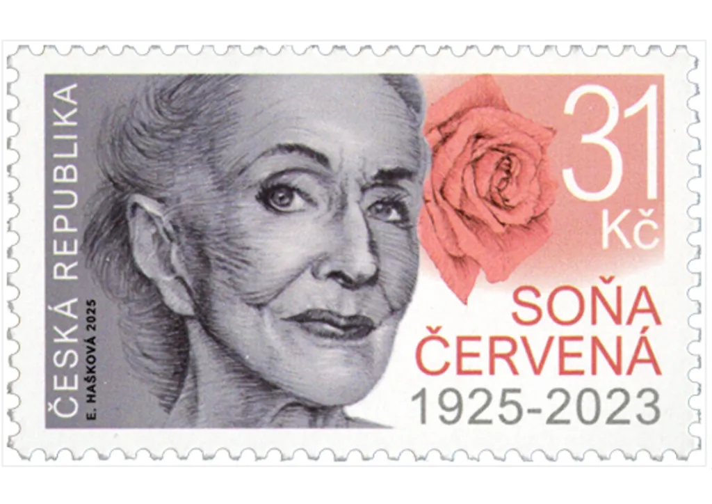 Portrét operní pěvkyně Soni Červené se vztahuje ke konkrétnímu období z jejího života. Pochází z doby, kdy se po roce 1989 vrátila z emigrace do Prahy. Růže pak odkazuje k její „dvorní“ roli Carmen, kterou Červená zpívala na všech předních operních scénách. Ve světě také přispívala ke známosti tvorby Leoše Janáčka. Autorem emise z roku 2025 je Eva Hašková