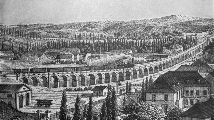 Nejstarší pohled na Negrelliho viadukt – ocelorytina z roku 1850