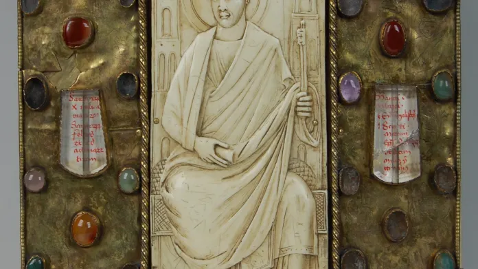 Postava knížete z úvodní miniatury Svatovítské apokalypsy, 1059 - 1085, A 60/3, fol. 1v, Knihovna Metropolitní kapituly u sv. Víta