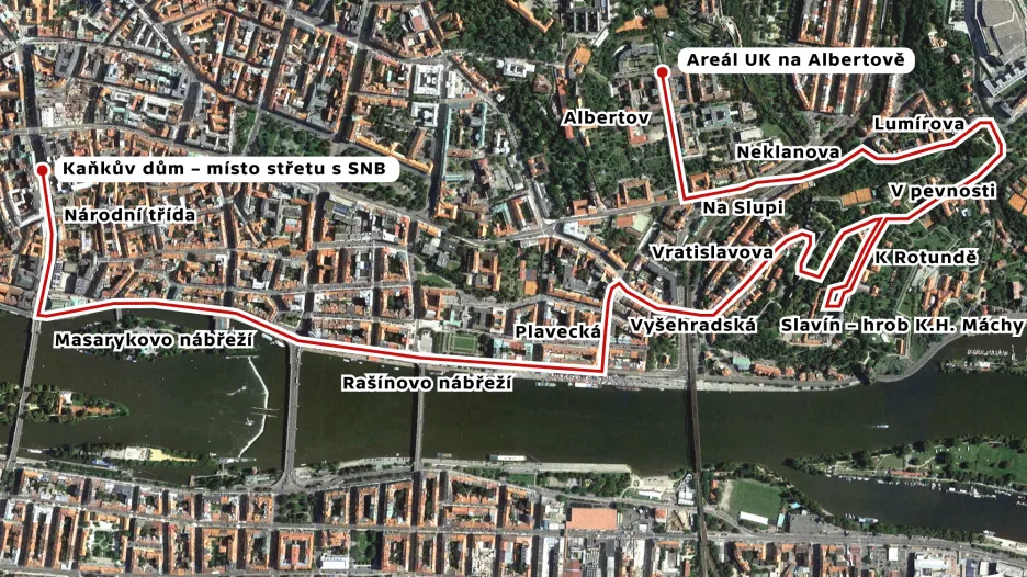 Trasa studentského pochodu 17. listopadu