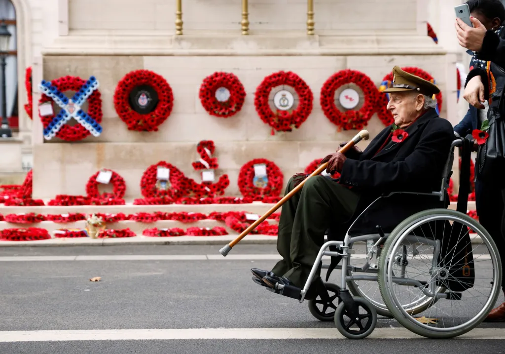 Veterán z druhé světové války před věnci ozdobeným pomníkem Cenotaph v Londýně