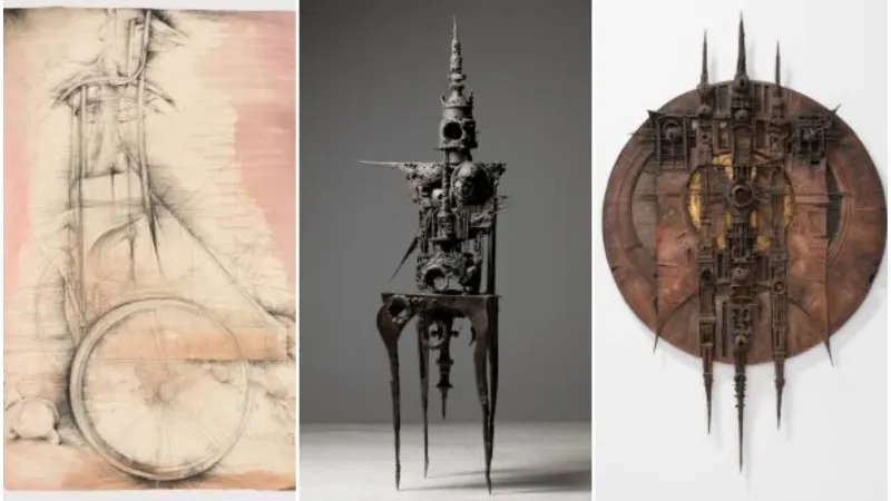 Tři díla Aleše Veselého: uprostřed Židle Usurpátor (1964), vlevo Vůz (1978–1979), vpravo Enigma kruhu (1965)