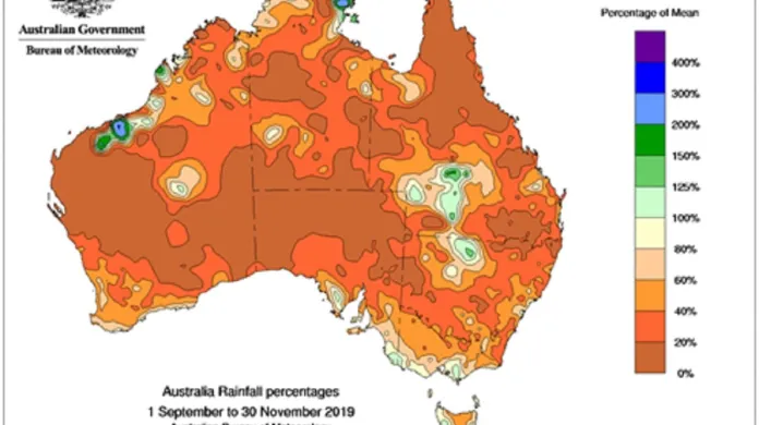 Kolik vody spadlo během jara (září až listopad) v Austrálii – srovnání s dlouhodobým průměrem