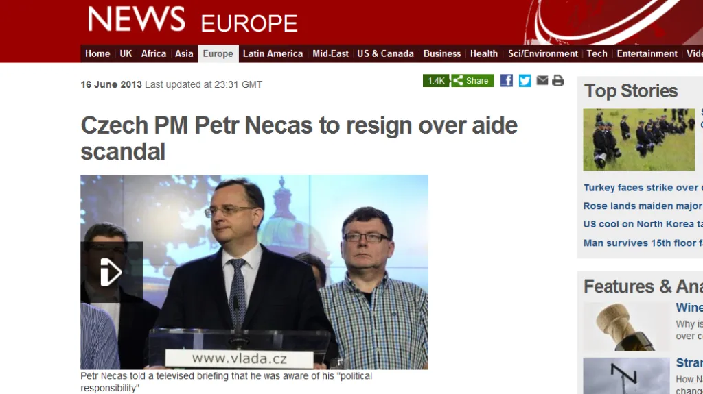 Rezignace Nečase na BBC