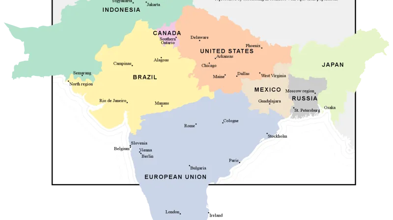 Státy odpovídající počtem obyvatel oblastem indického subkontinentu - symbolické vyjádření