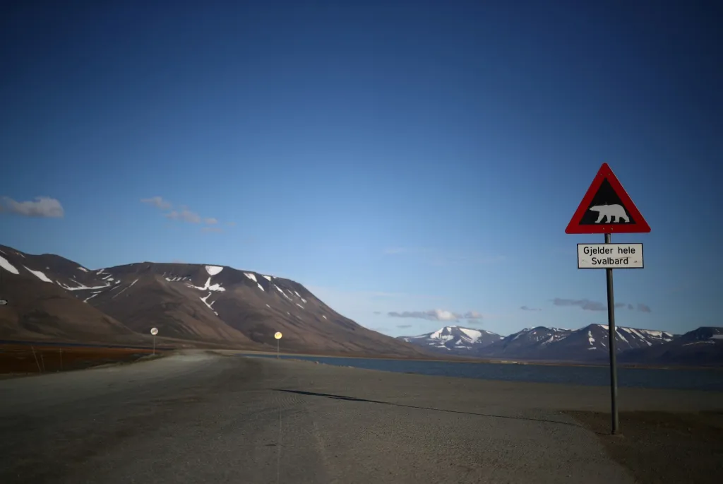 Značka varuje před nebezpečím ledních medvědů v okolí Longyearbyenu