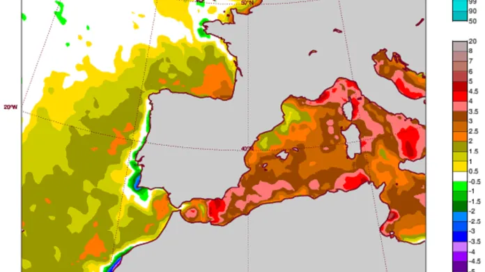 Aktuální odchylka teploty mořské vody od dlouhodobého průměru v západním Středomoří a východního Atlantiku