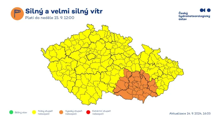 Výstraha na silný vítr ze soboty v 16.03