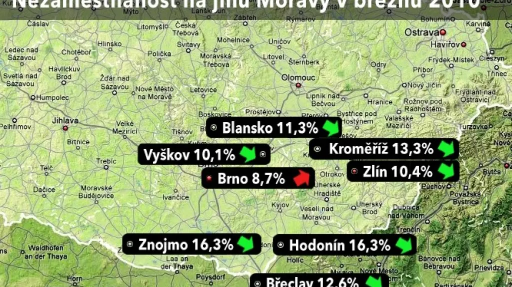 Mapa nezaměstnanosti na jihu Moravy v únoru 2010
