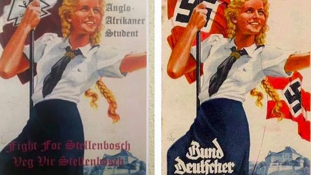 Srovnání: vlevo plakáty umístěné na nástěnkách, vpravo nacistická předloha