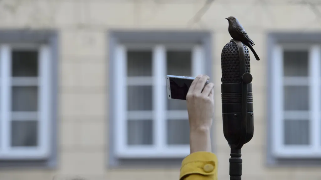 Horní část pomníku - skřivan na mikrofonu