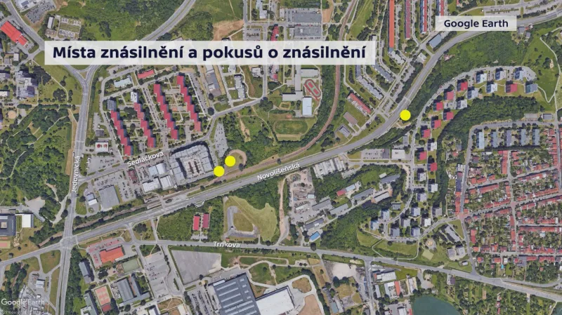 Místa znásilnění a pokusů o znásilnění v Brně-Líšni