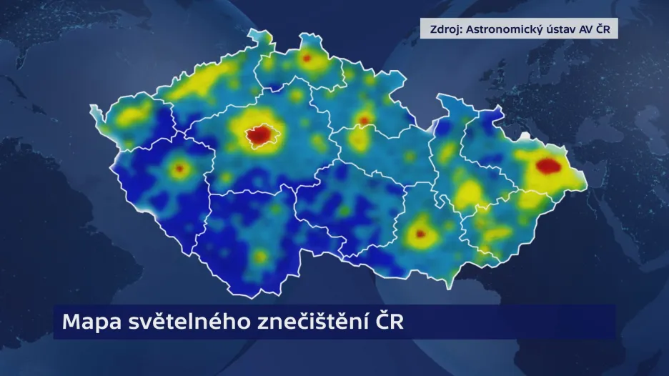 Mapa světelného znečištění - čím teplejší odstín na mapě, tím je situace horší