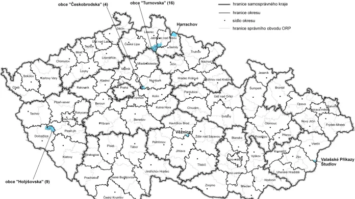 Mapa obcí navržených na změny v rámci okresů