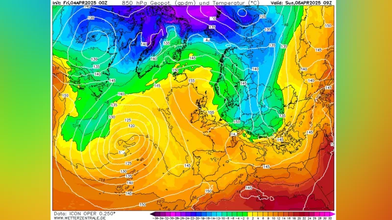 Příliv studeného vzduchu vyvrcholí v neděli v ranních a dopoledních hodinách (předpověď teploty vzduchu ve výšce 1500 metrů podle modelu ICON)