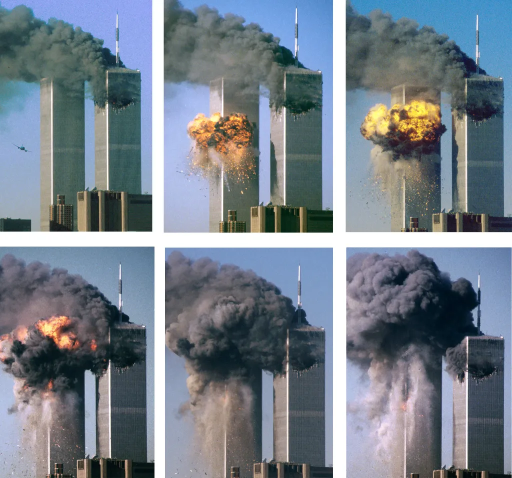 Snímky zachycující náraz do druhé budovy WTC, chronologicky