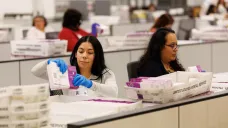 Pracovníci zpracovávají poštovní hlasovací lístky v okrese Los Angeles v Kalifornii, 29. října 2024