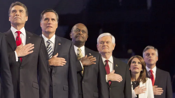 Rick Perry, Mitt Romney, Herman Cain, Newt Gingrich a Michele Bachmannová