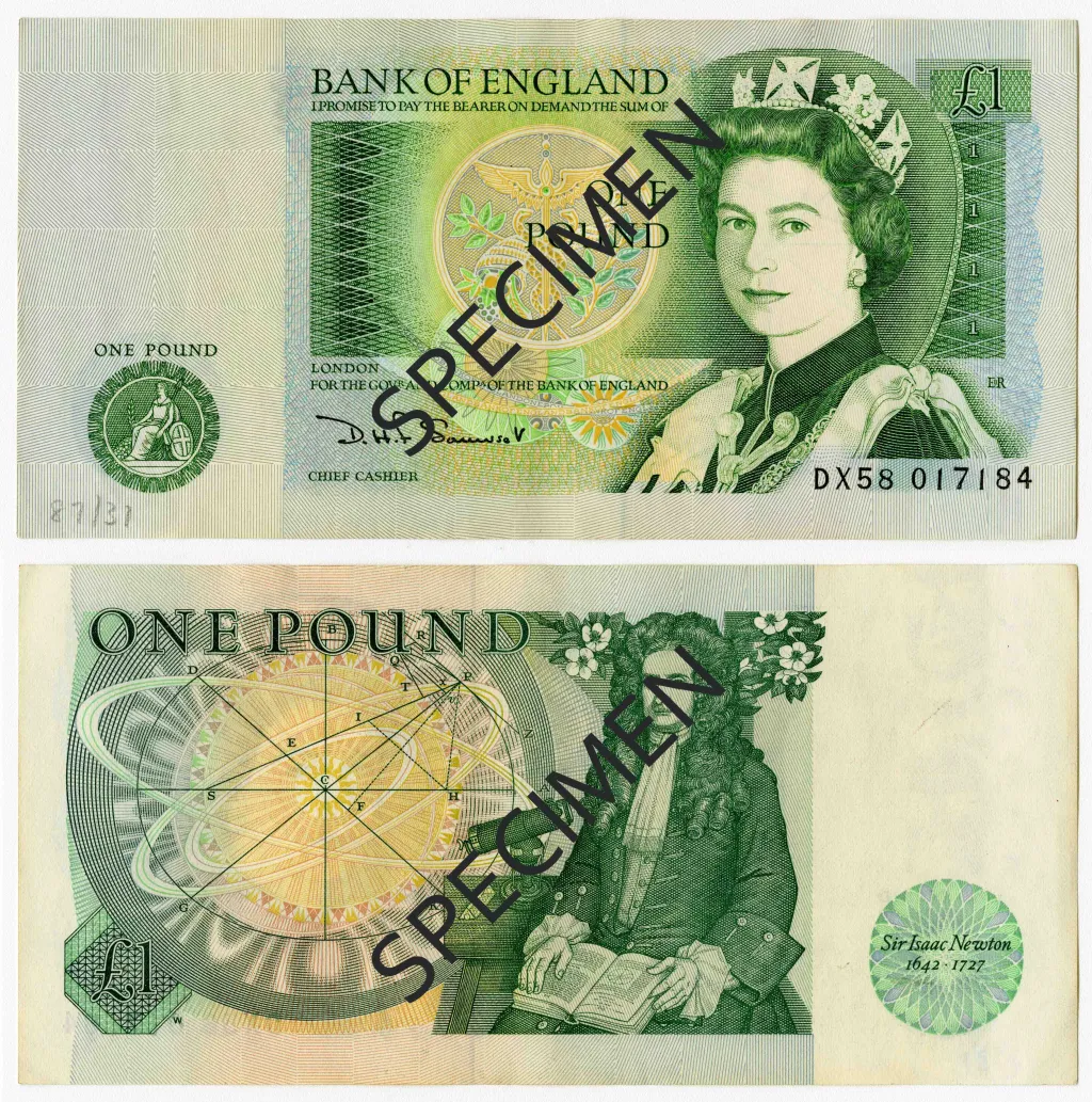 Bankovka série D s královnou Alžbětou II. a Isaacem Newtonem v hodnotě jedné libry (v oběhu od 20. 3. 1981 do 11. 3. 1988)