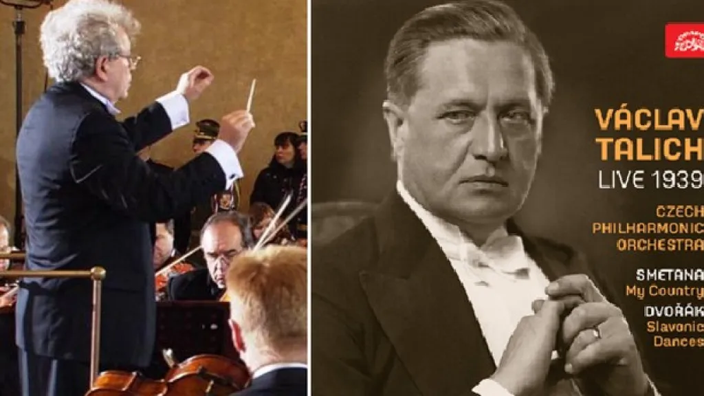 Dirigent Jiří Bělohlávek (vlevo) / nahrávka Mé vlasti z roku 1939 (vpravo)