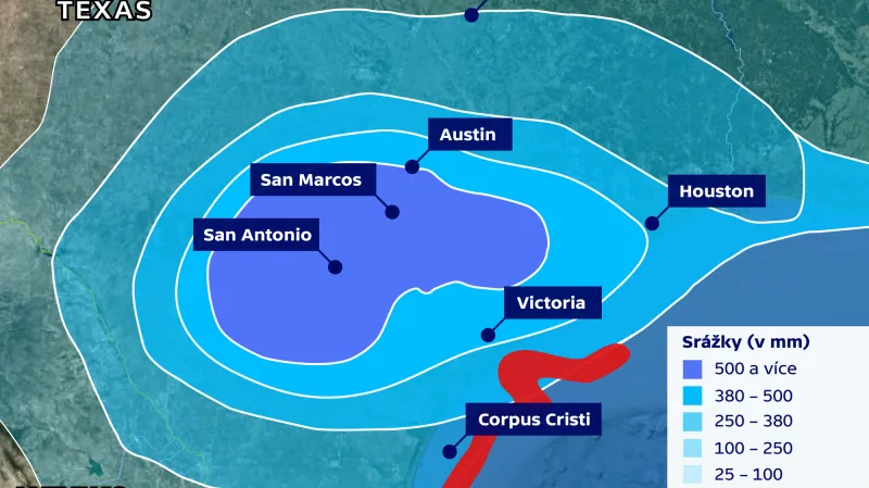 Tropická bouře Harvey v USA – očekávané srážky do středy 30. srpna
