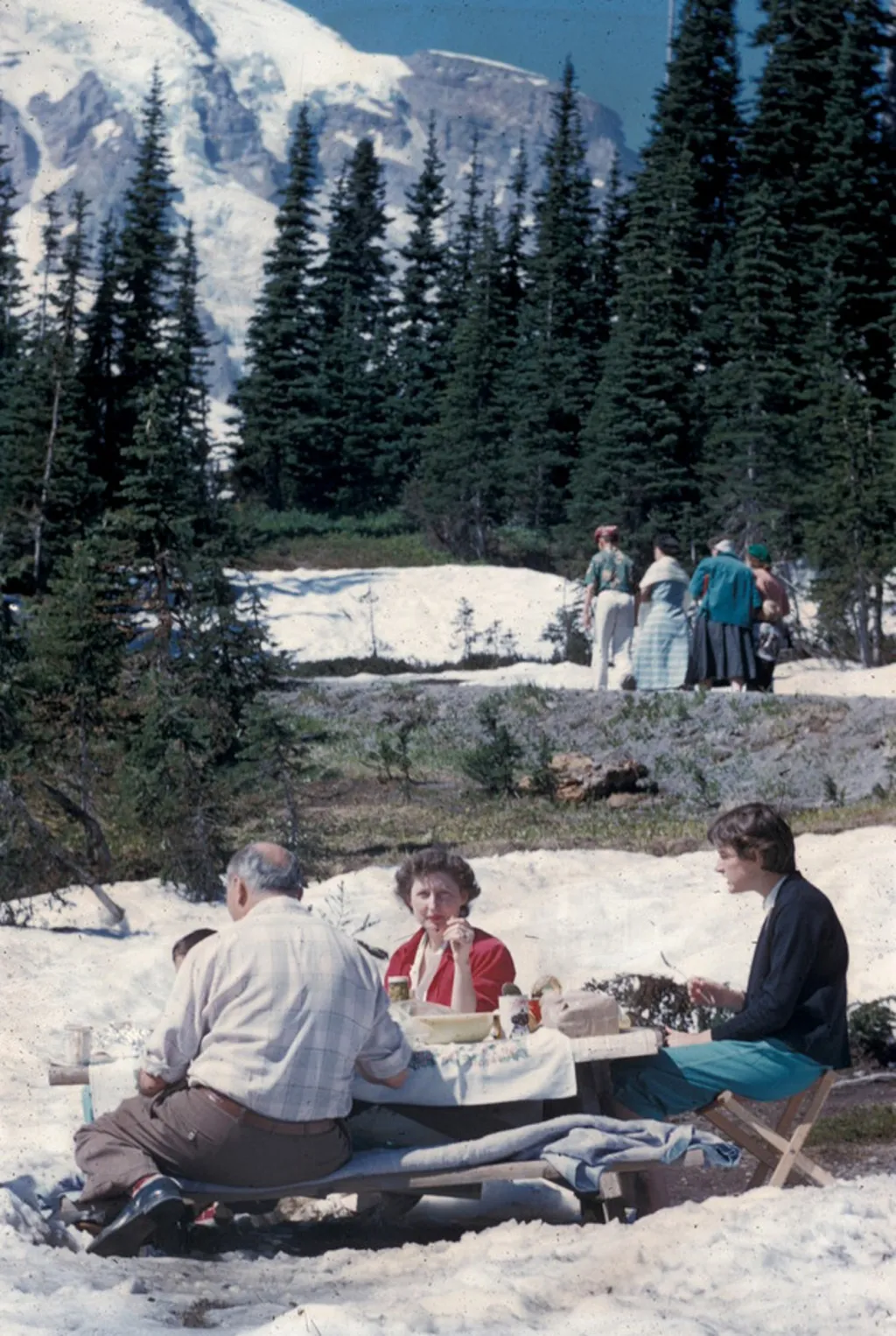 Návštěvníci v parku Mount Rainier ve Washingtonu si užívají piknik v kempu Paradise Campground v roce 1956