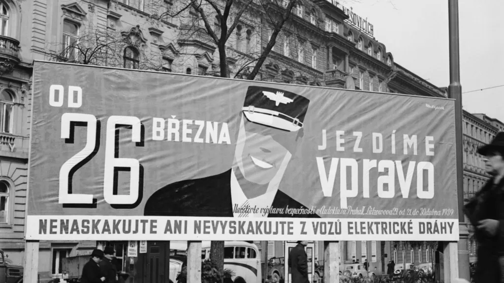 Velká propagační kampaň v Praze v březnu 1939 k zavedení jízdy vpravo