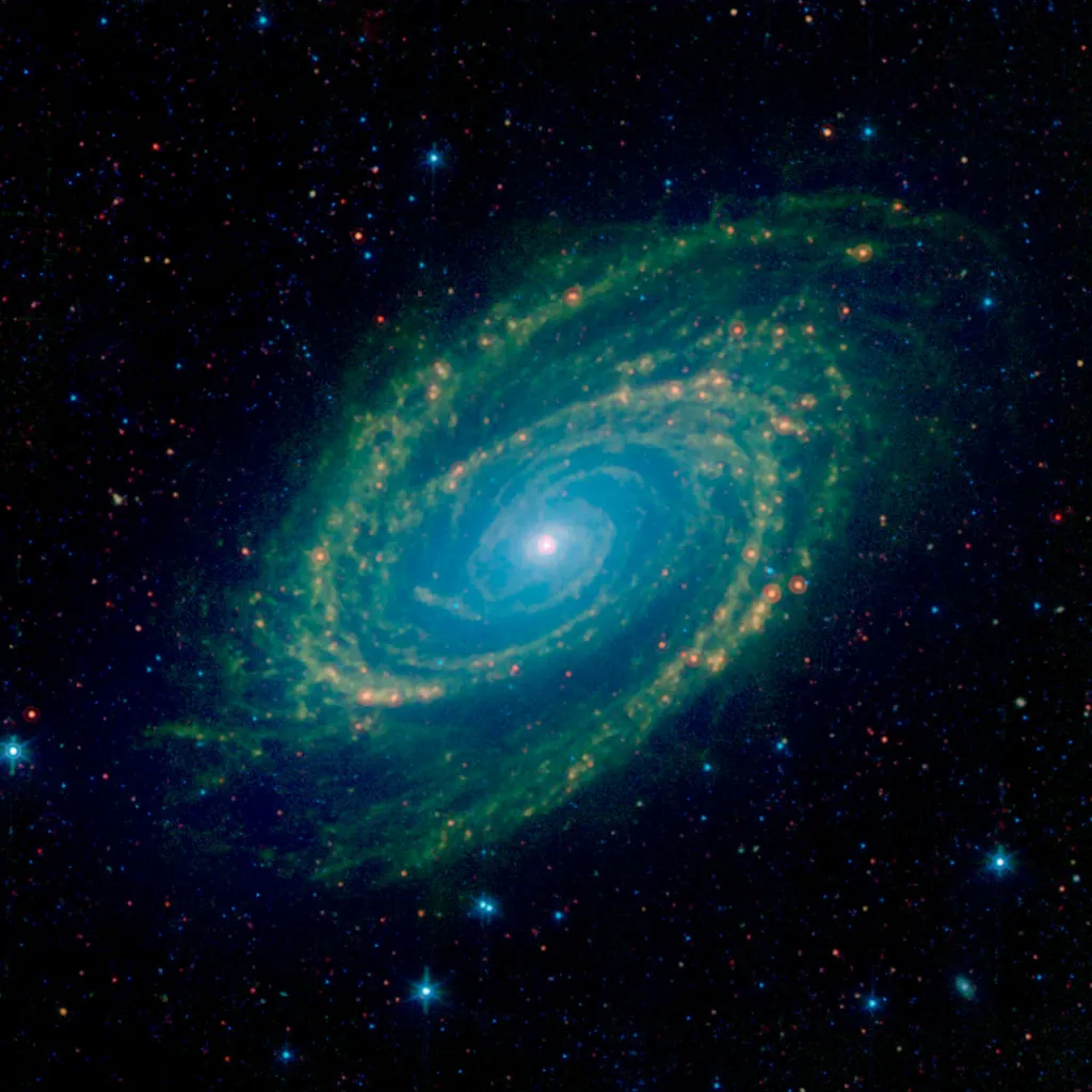 Galaxie Messier 81 v severním souhvězdí Ursy Major neboli Velké medvědice na infračerveném snímku pořízeném Spitzerovým vesmírným dalekohledem v srpnu 2019