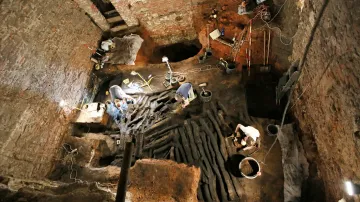 Zbytky dřevěné hradby v podzemí břeclavského zámku