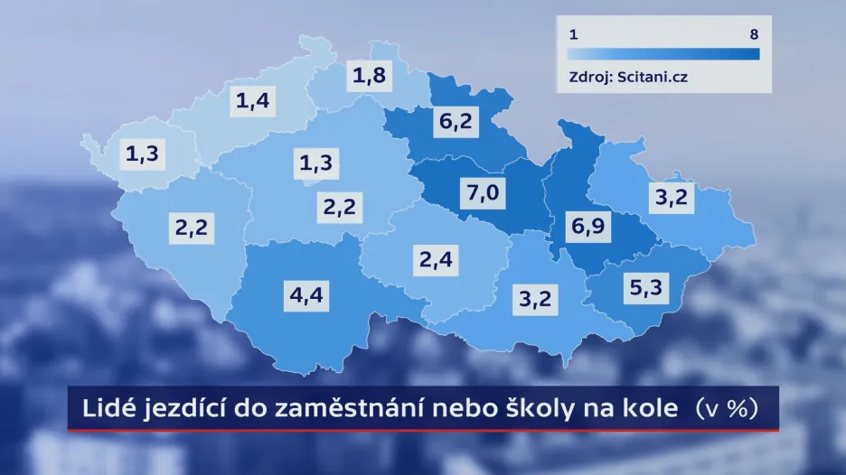 Podíl lidí jezdících do zaměstnání nebo školy na kole v krajích