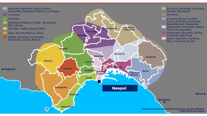 Zóny vlivů klanů Camorry v jednotlivých čtvrtích Neapole