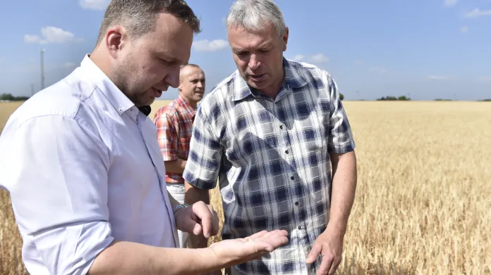 Ministr zemědělství Jurečka (vlevo) diskutuje o suchu se znojemskými zemědělci