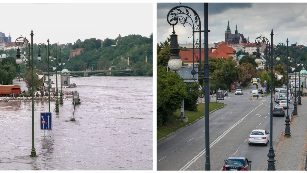Srovnání: Povodně 2002 v Praze a stejné místo po rekonstrukci