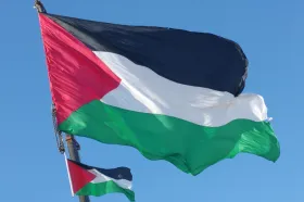 Aktivisté vyvěsili vlajku Palestiny na budovu Prahy 1 a poslali falešnou zprávu
