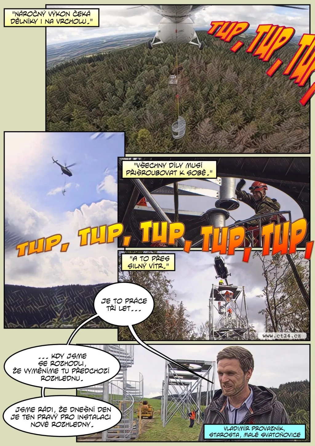 Stavba rozhledny Žaltman vrtulníkem