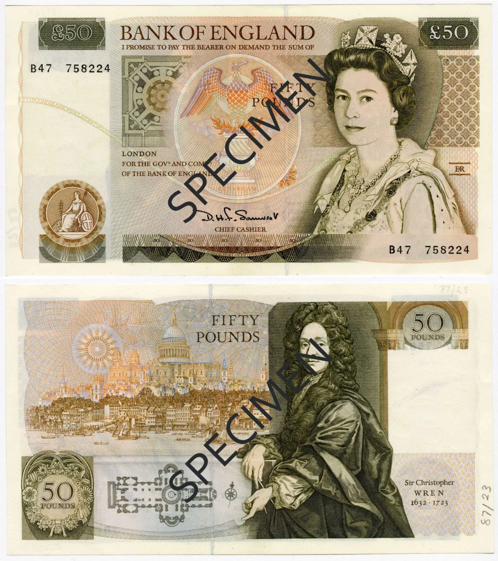 Bankovka série D s královnou Alžbětou II. a Christopherem Wrenem v hodnotě padesát liber (v oběhu od 20. 3. 1981 do 20. 9. 1996)