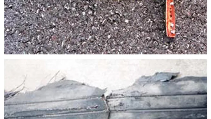 Trosky nalezené na ranveji 26R: součást, která odpadla z letadla DC-10, a kus poškozené pneumatiky concordu, který poškodil palivovou nádrž