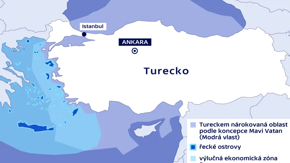 Turecké námořní nároky podle koncepce Mavi Vatan (Modrá vlast)