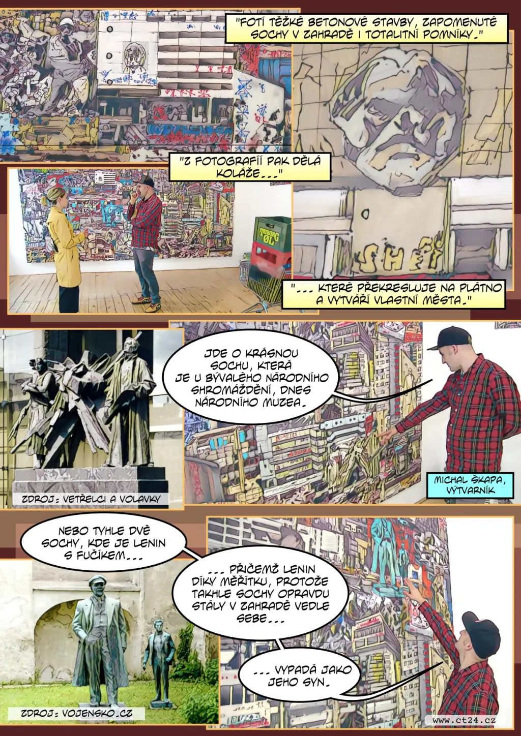 Streetartová výstava v Praze. Výtvarník komiksovými prvky ztvárňuje třeba bourání pomníků