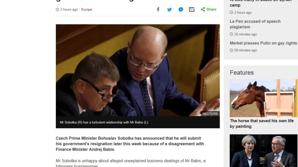 Server BBC News píše o české vládní krizi