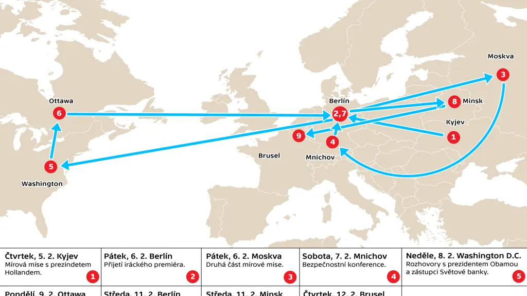 Cesty Angely Merkelové po Evropě za poslední týden