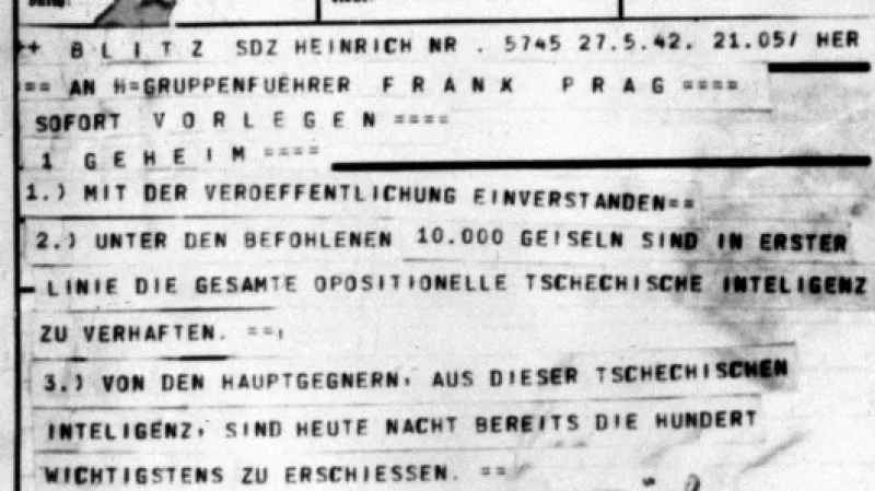 Telegram šéfa SS Heinricha Himmlera, kterým schvaluje návrh K. H. Franka na vyhlášení stanného práva. Zdroj: ČTK