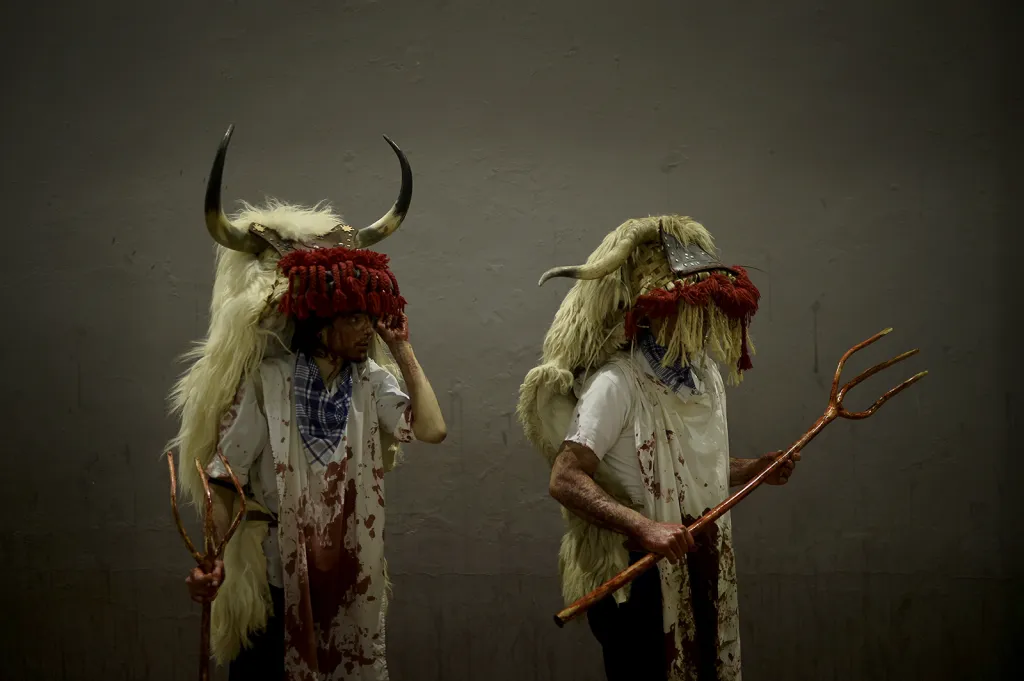 Lidé oblečení v kostýmech Momotxorrosů (napůl býků, napůl mužů) během karnevalových oslav ve španělském městě Alsasua