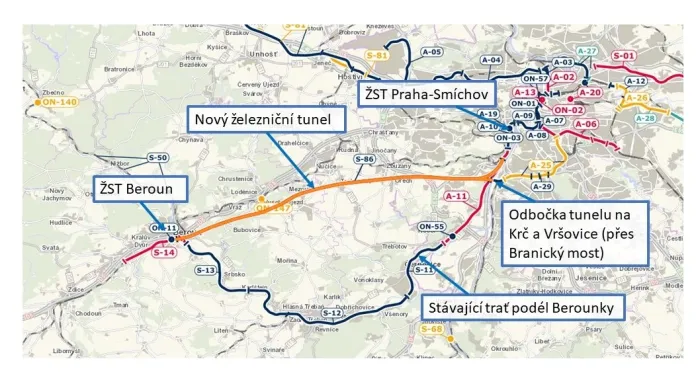 Plán nové trati Praha-Smíchov – Beroun