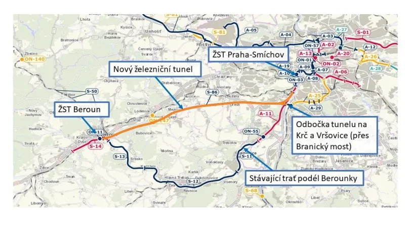 Plán nové trati Praha-Smíchov – Beroun