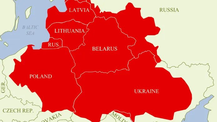Polsko-litevská unie v době největšího rozmachu roku 1619 na pozadí současných hranic